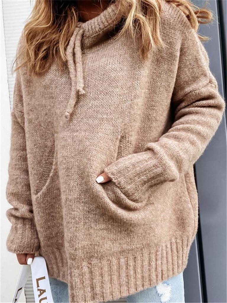 Women's Trendy Knitted Hoodie with Kangaroo Pocket - 2024 Collection