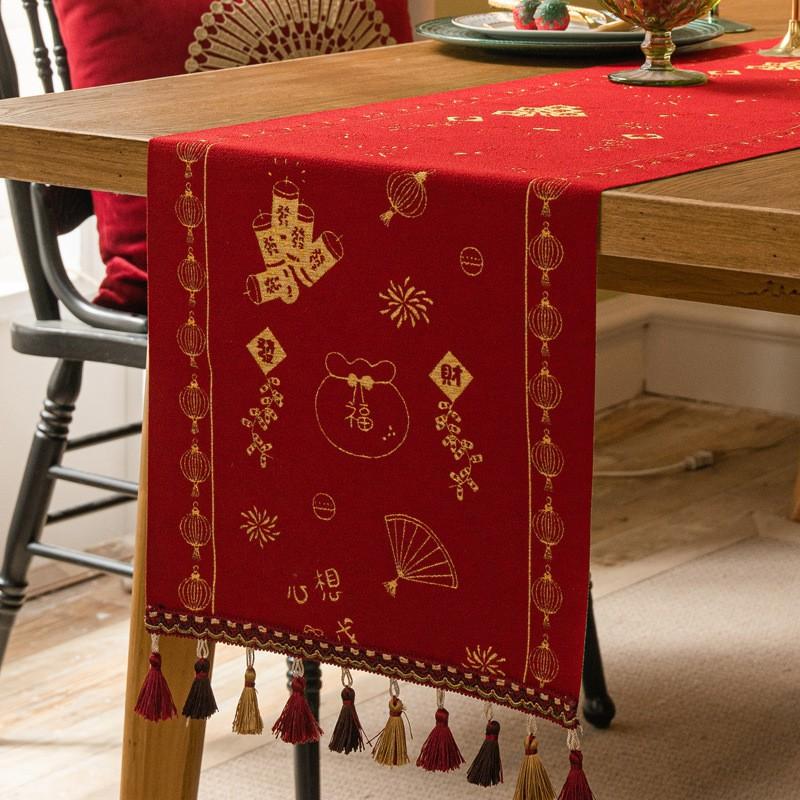 Red Chenille Table Runner Chinese New Decor Festive Long Tablecloth With Tassel Trim Living Room Dining