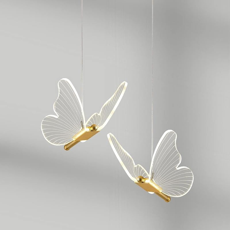 Butterfly Chandelier for Girls Bedroom Purple Pink Acrylic Shade 12W Dimmable LED Pendant Light Fixture Gold Hanging Ceiling Lamp for Staircase
