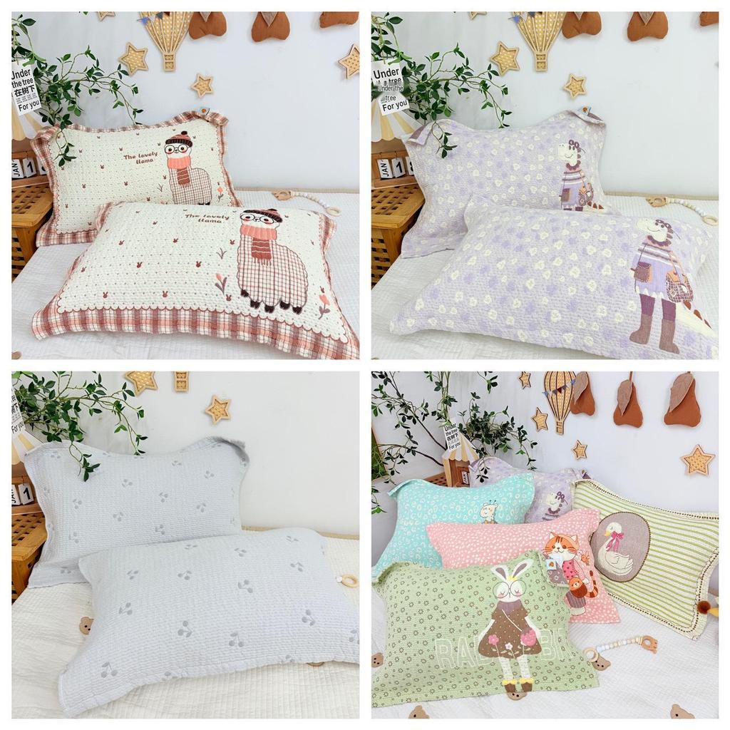 Cartoon Cotton Gauze Pillowcase Set: Soft, Breathable, Sweat-Absorbent Pillow Covers.