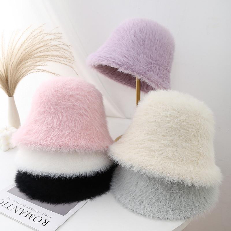 New Solid Color Plush Fisherman's Hat Children's Winter Warm Ear Protector Basin Hat Shows Small Face Versatile Bucket Hat