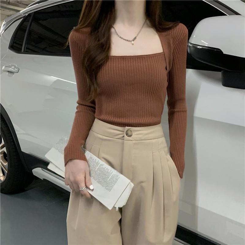 Square Collar Black Bottoming Shirt Women's Autumn Clothing New Inner Sweater Knitted Sweater Irregular Collar Slim Top Women