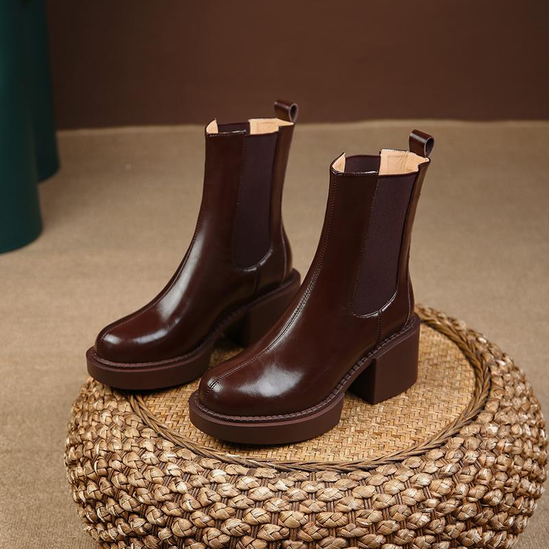Qirui shoes Thick-soled Chelsea boots, leather inside and outside, simple and elegant