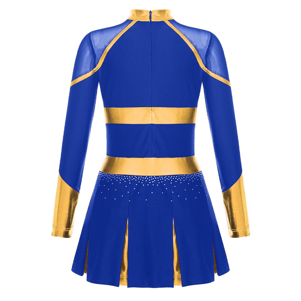 Girls Sparkly Rhinestones Letter Pattern Metallic Contrast Patchwork Long Sleeve Pleated Cheerleading Dress