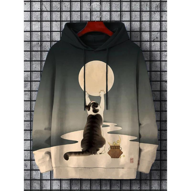Men's Hoodie Cartoon Cute Cat Print Y2k Sweatshirt Harajuku Hooded  Pullover Casual Oversized Long Sleeve Top Men's Clothing