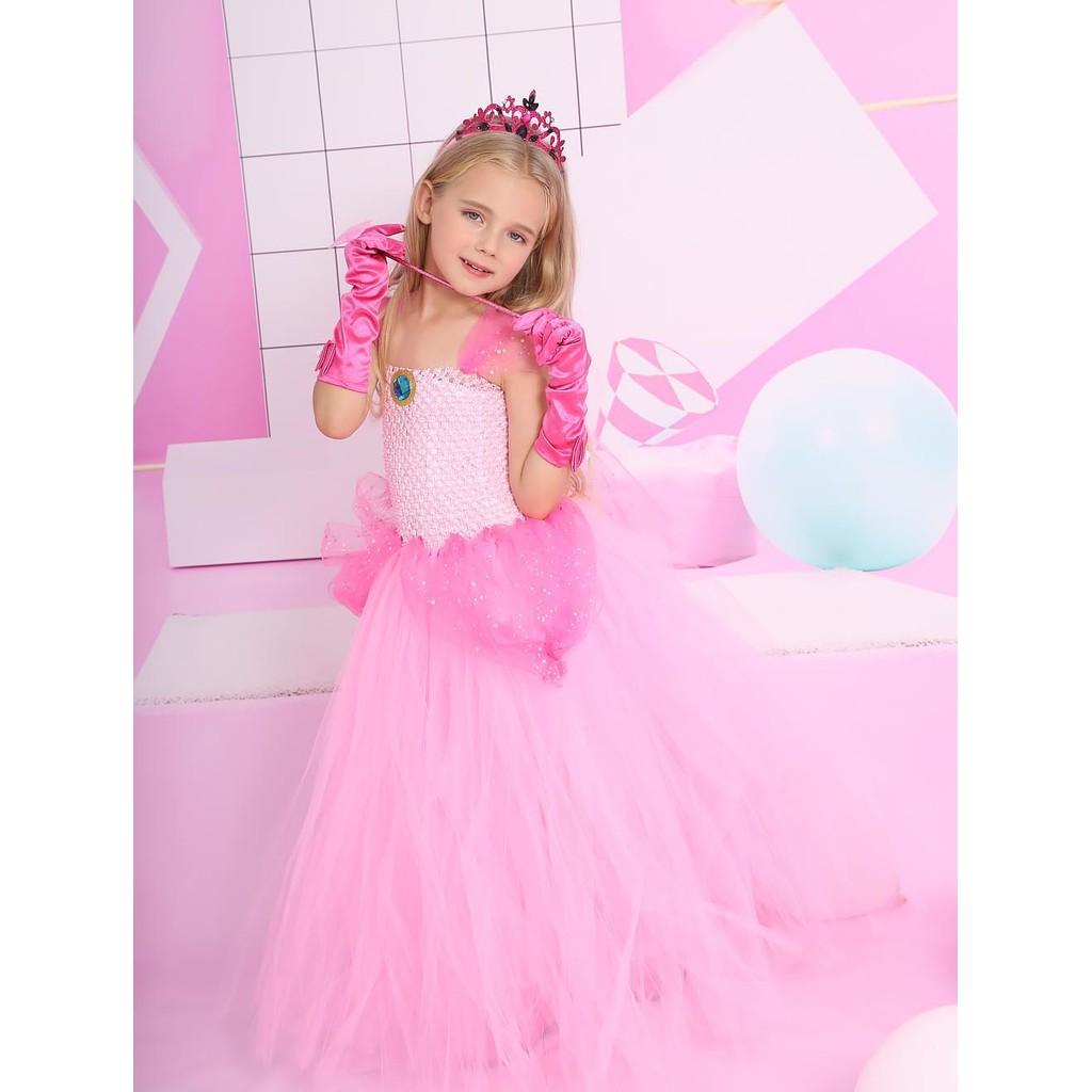 Kids Girls Peach Mesh Tutu Dress Headwear Set Children Halloween Cosplay Costumes Child Pretend Princess Party Role Play Outfit