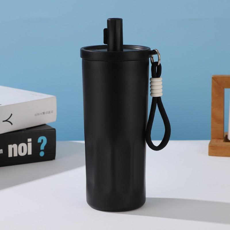 Gradient Color Minimalist Handle Strap Insulated Stainless Steel Vacuum Travel Mug With Straw Lid 600ml