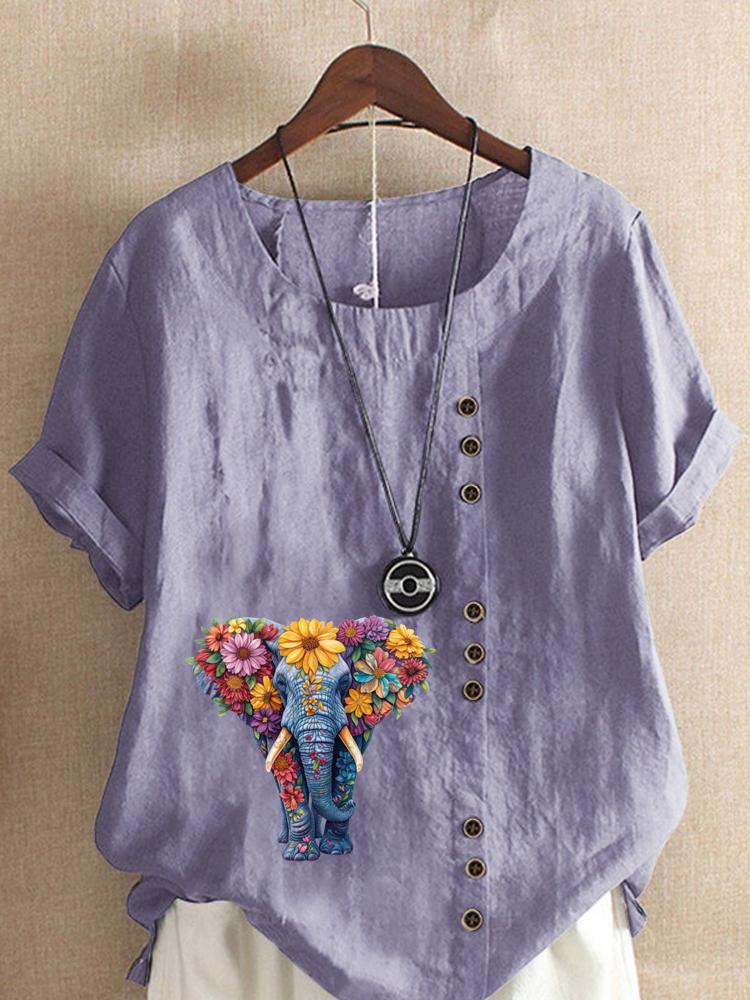 Women's Fashion Flower Elephant Print Round Neck Short Sleeve T-shirt Casual Cotton Linen Graphic Shirt Leisure Loose Summer Blouse Tops