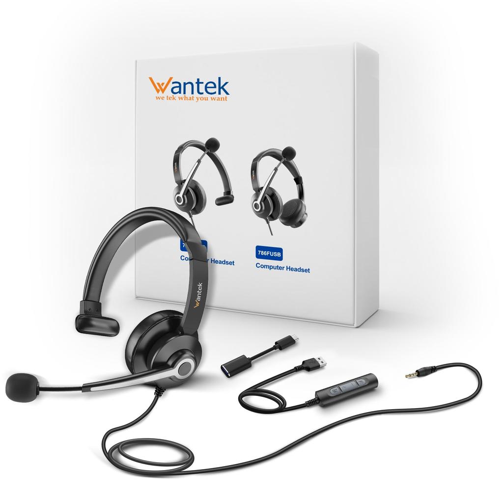Wantek Headset Single Ear Noise Canceling Microphone Wired Headset Suitable for Web Voice Remote Home Work Professional Business PC Headphones