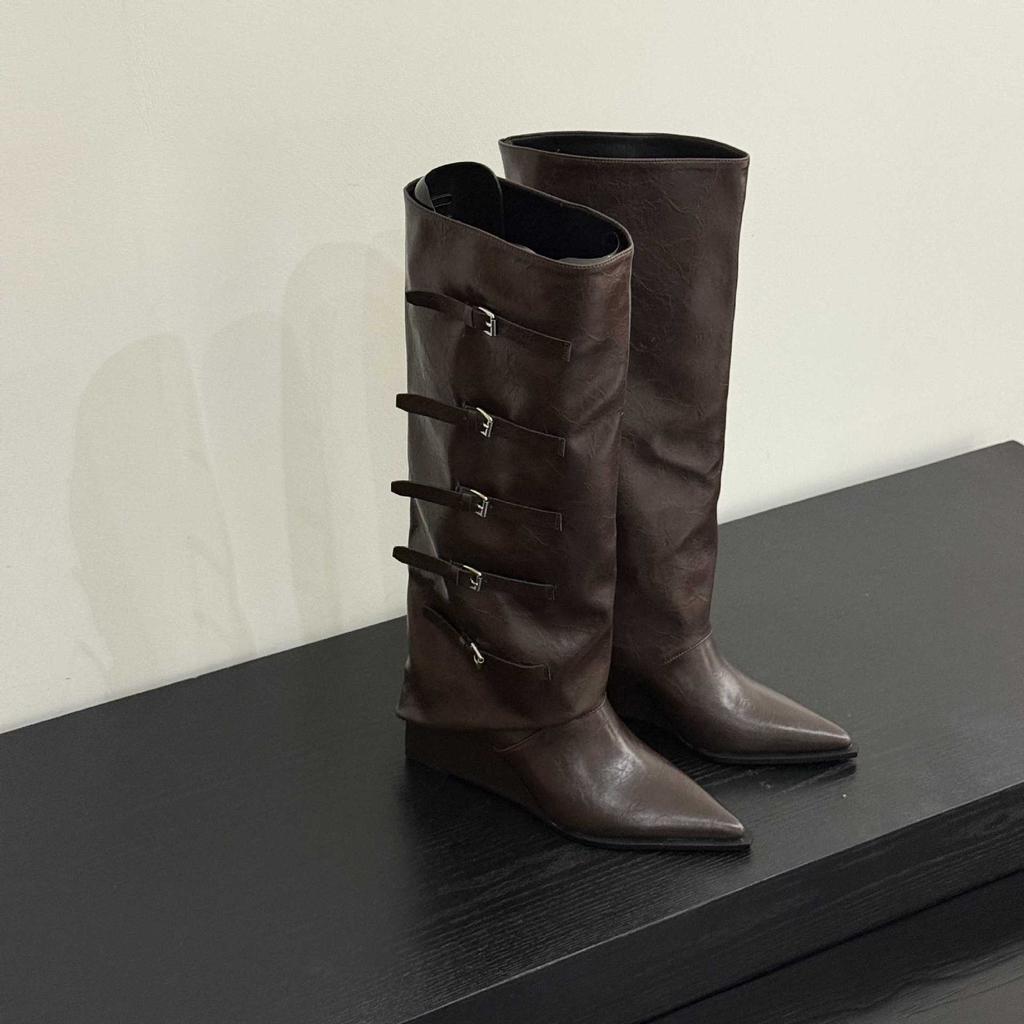 Vintage Spice Girls Knight Boots Wedge Heel Pants Boots Belt Buckle Boots 2025 Autumn and Winter Pointed Height Increasing Western Cowboy Boots