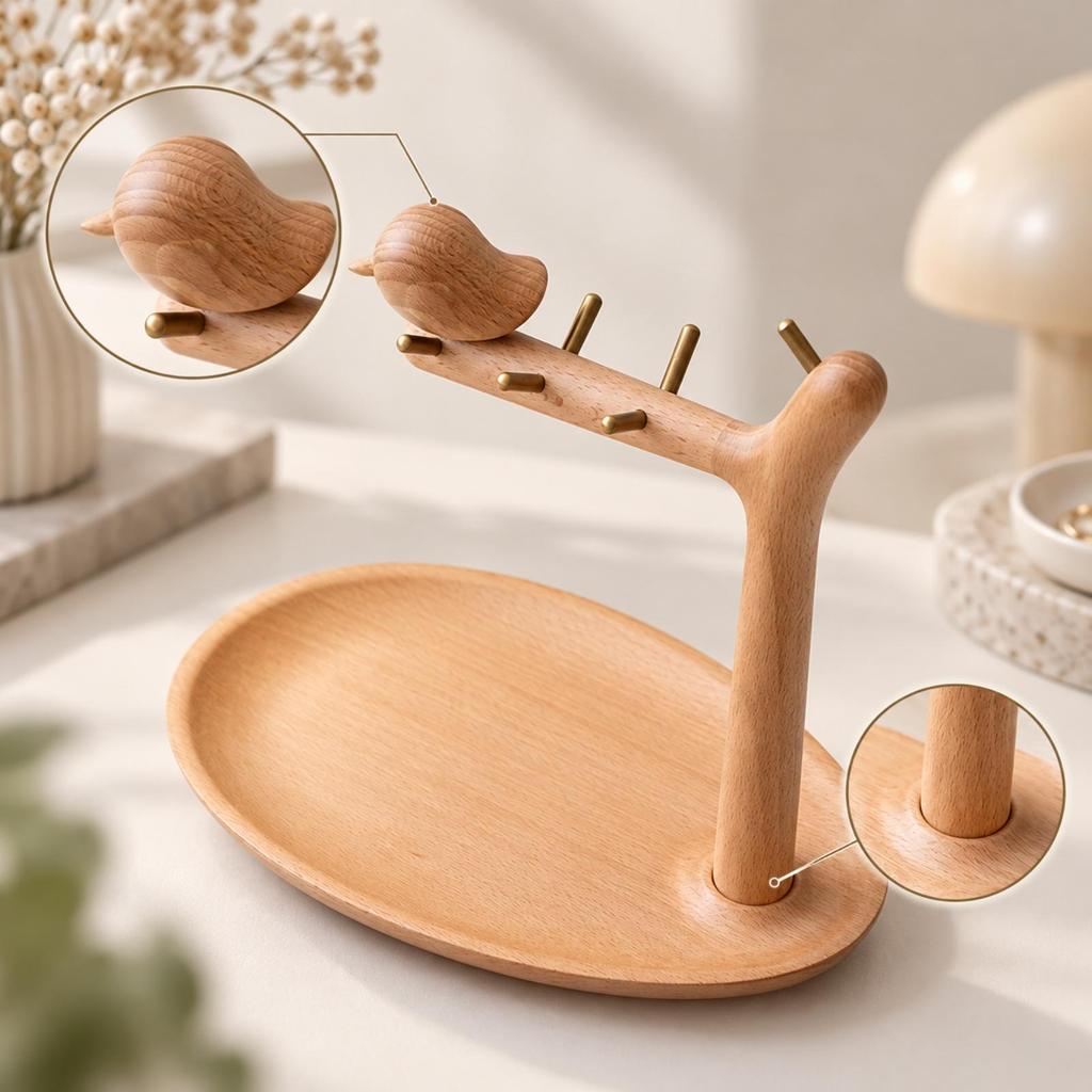 Countertop Accessory Holder SpaceSaving Beech Wood Desktop Organizer with Metal Pegs for Bedroom