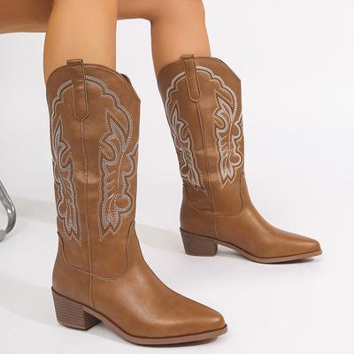 2024 Cizme Cowgirl Brodate până la Genunchi Femei Nouă Tendință Vârf Ascuțit Cizme Western Femeie Slip On Piele PU Cizme de Echitație Mujer 43