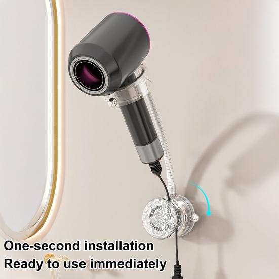 Wall Hair Dryer Holder Wall Mount Suction Cup Blow Dryer Stand Angle Adjustable Hair Dryer Hanger with Cable Storage for Bathroom Organization