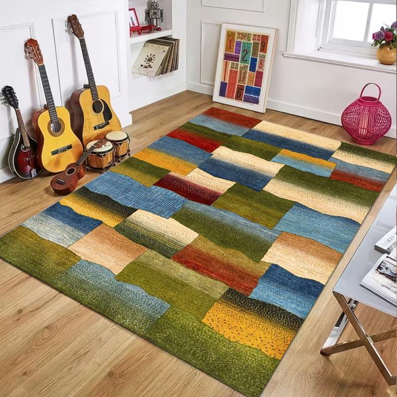 Boho Multicolor Striped Rug Retro Soft Non-Slip Washable Area Carpet Abstract Rainbow Floor Mat for Living Room Kitchen Entryway