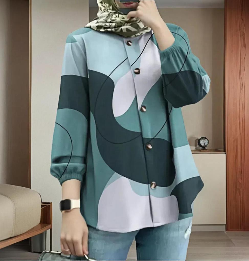 New Arrival: Plus Size Women's Loose Fashion Puff Sleeve Printed Button-Up Shirt
