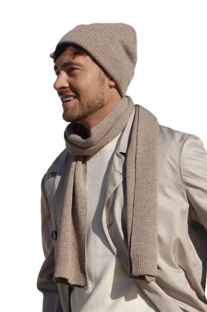 Patrick Men' Set - Hat and Scarf, Dark Beige (Merino & Silk)