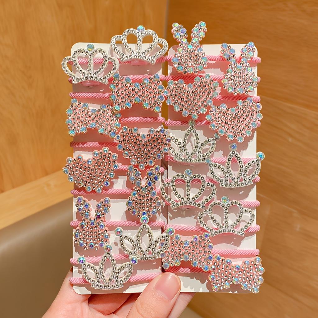 20/10pcs Girls Pink Glitter Diamond Hair Tie Bow Crown Rabbit Heart Hair Rope Cute Braided Hair Headdress