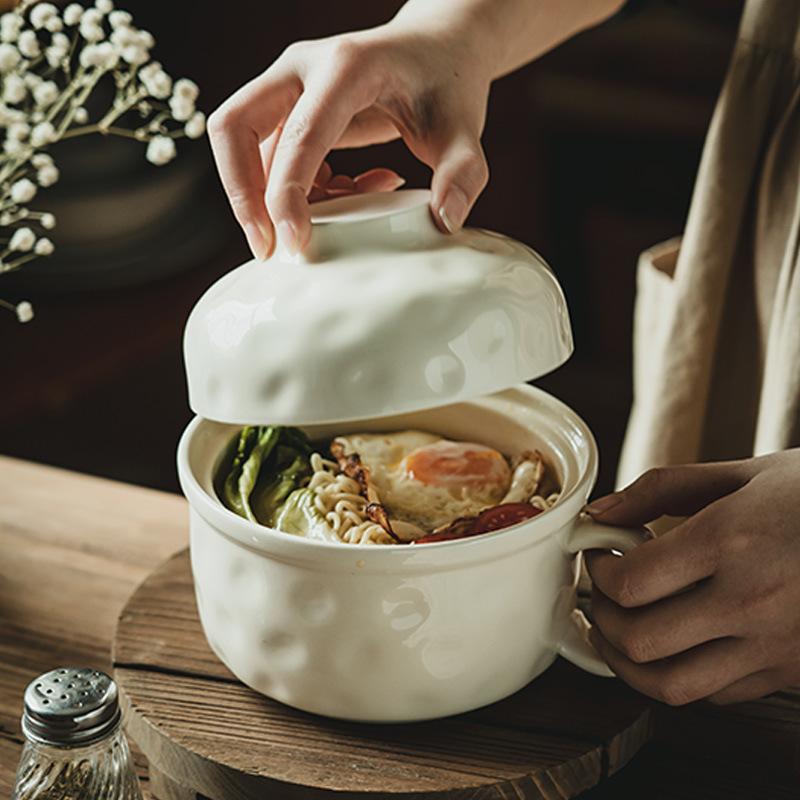 Cream Ceramic Instant Noodle Bowl With Cover Bowl Personal Instant Noodle Bowl Household Tableware Large Soup Bowl And Chopsticks Set