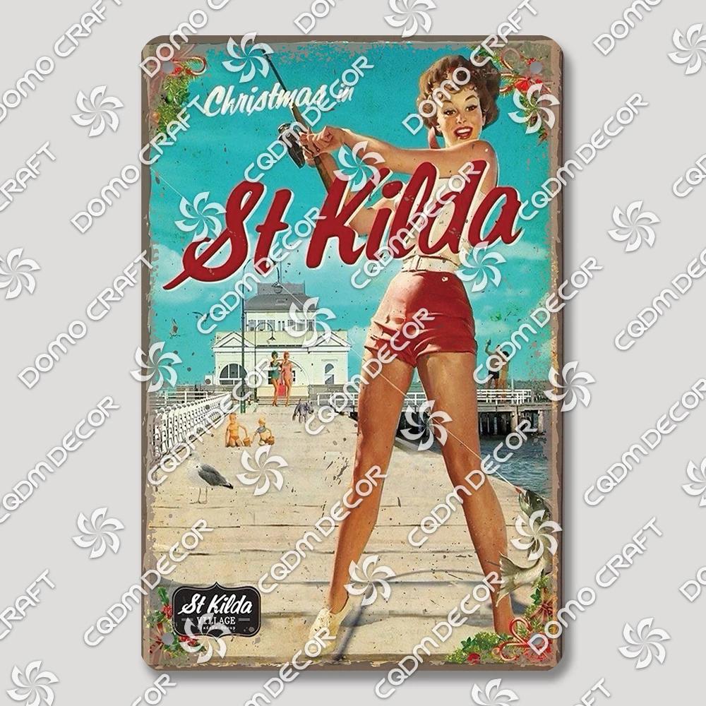 Vintage Znak Metalowy Blaszany Dziewczyny Wędkujące Retro Kobieta z Psami Dekoracja Ścienna dla Klubu Wędkarskiego Dom Wiejski