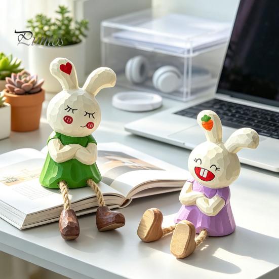 Healing Style Room Accents Leggy Rabbit Figurine Ornament, Handcrafted Basswood Desktop Sitting Small Animal Collectibles Bunny, Creative Ornament for