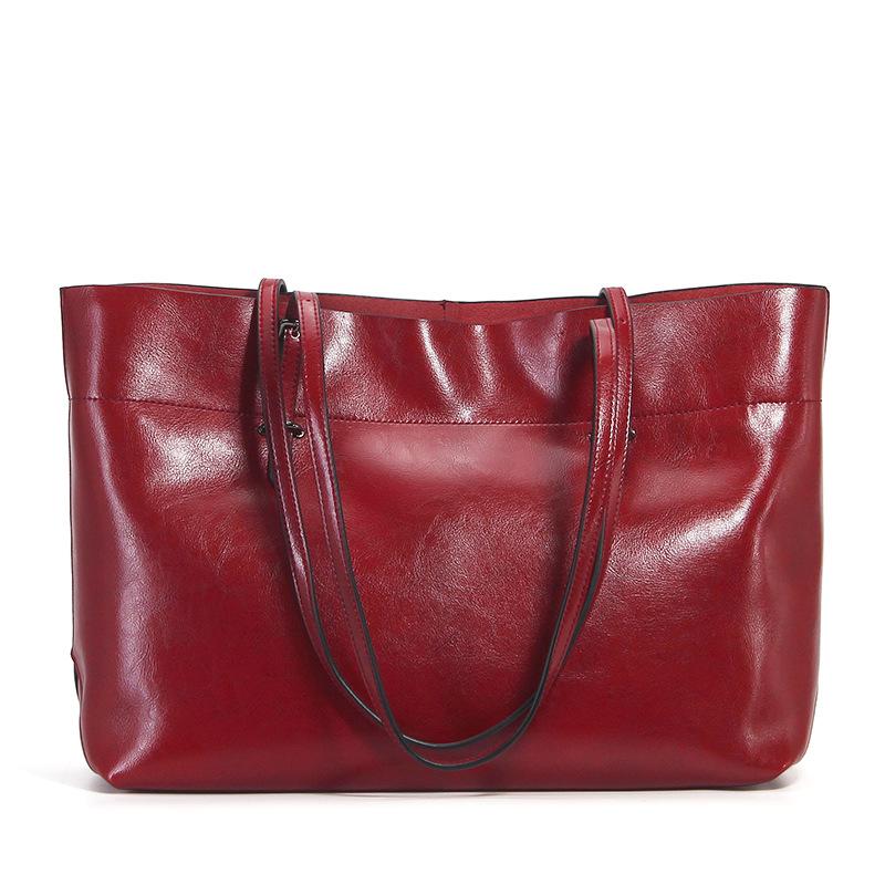 Large capacity tote bag women's genuine leather women's bag fashion oil wax cowhide large bag portable shoulder bag