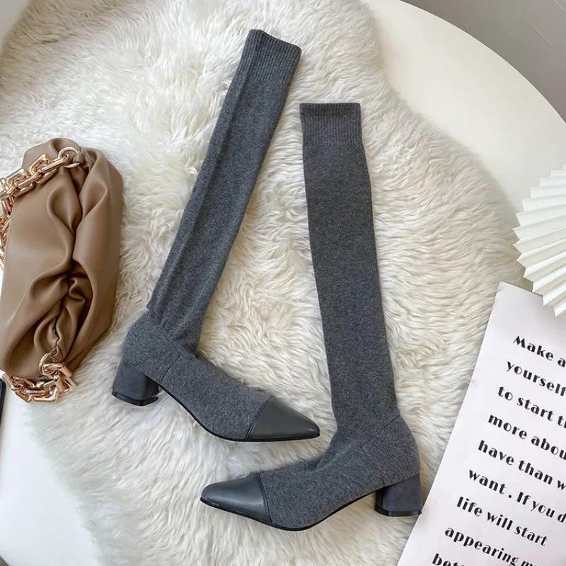 

Sock Shoes 2025 New Spring and Autumn Single Boots Thin Knitted Stretch Boots Pointed Toe Block Heel Tall 35