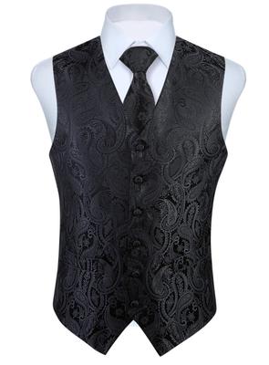 [Enlision] Black Suit Vest Men's Wedding Vest Tie 3-Piece Set Paisley Business Formal Plus Size Black Waistcoat Gentleman Formal Wear with Buckle L By