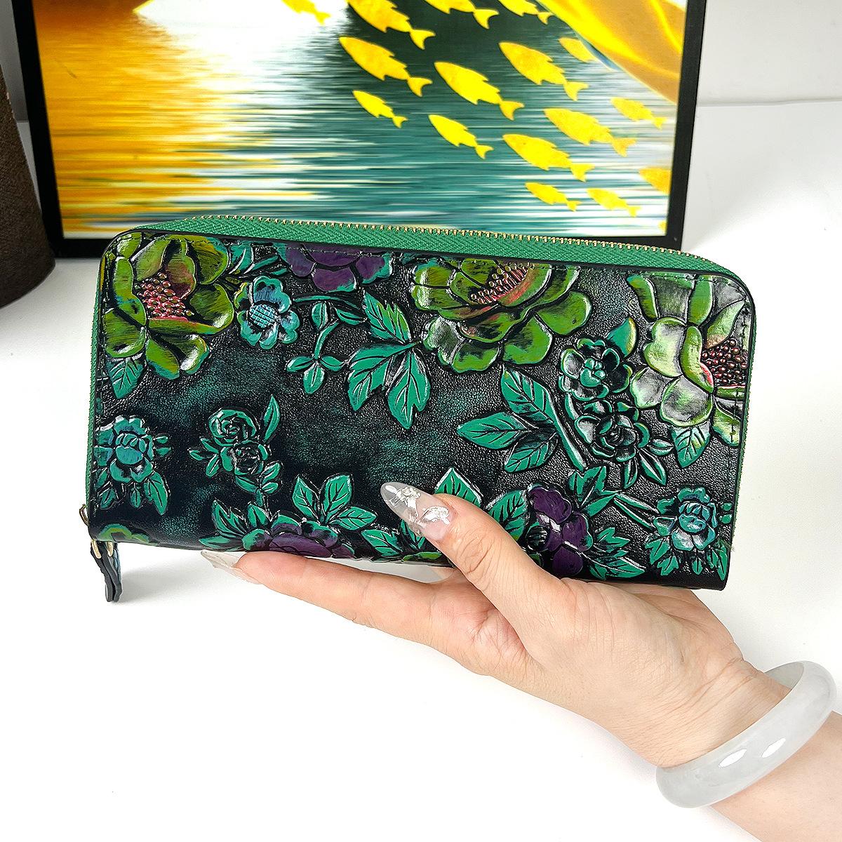 

Винтажный Кожаный Кошелек с Гравировкой Женский Длинный Кошелек с Гравировкой в Национальном Стиле Картхолдер Кожаная Сумка Женский Клатч зелёный