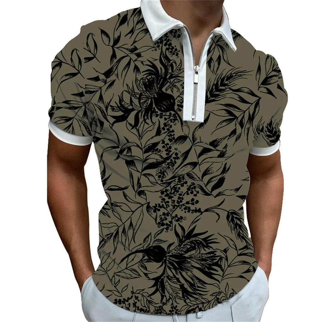 Men's Spring and Summer Short Sleeve Casual Polo Shirt Men's Personality Fashion Printed Zipper Lapel Polo T-shirt