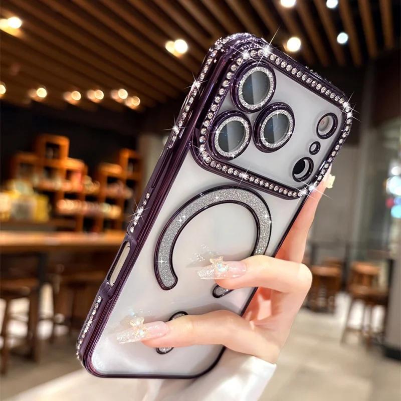Beschichtetes Glitzer-Diamant-Strass-Magnetisches Kabelloses Ladecase Für iPhone 17 Pro Max Air 16 15 14 13 12 Weiche Silikonhülle