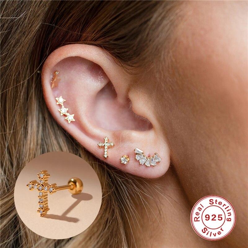 Aide 100 %925 Sterling Silver Cross Stud Earrings For Women Cute Punk Inlaid Crystal Zircon Piercing Jewelry Brincos Wholesale