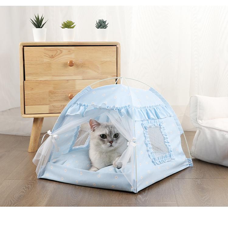 Halbgeschlossenes Zelt für Haustiere, atmungsaktiv, Katzenhütte, Hundehütte, Outdoor, blaues Blumenzelt, faltbar