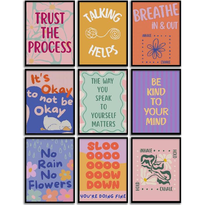 VCCOUI 9Pcs Mental Health Wall Art Therapy Counseling Positive Posters Motivational Quotes Pictures School Counselor Therapist pirational Painting