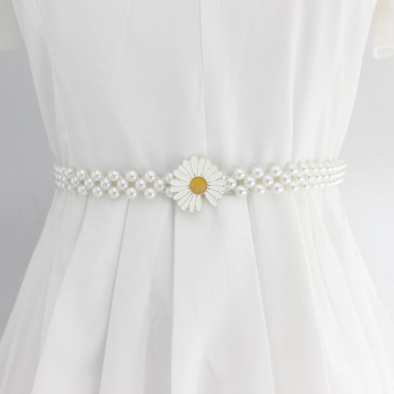 Women'S Rhinestone Pearl Waist Chain Dress Decorative Elastic Belt Women'S Sweet Flower Elastic Waist Seal