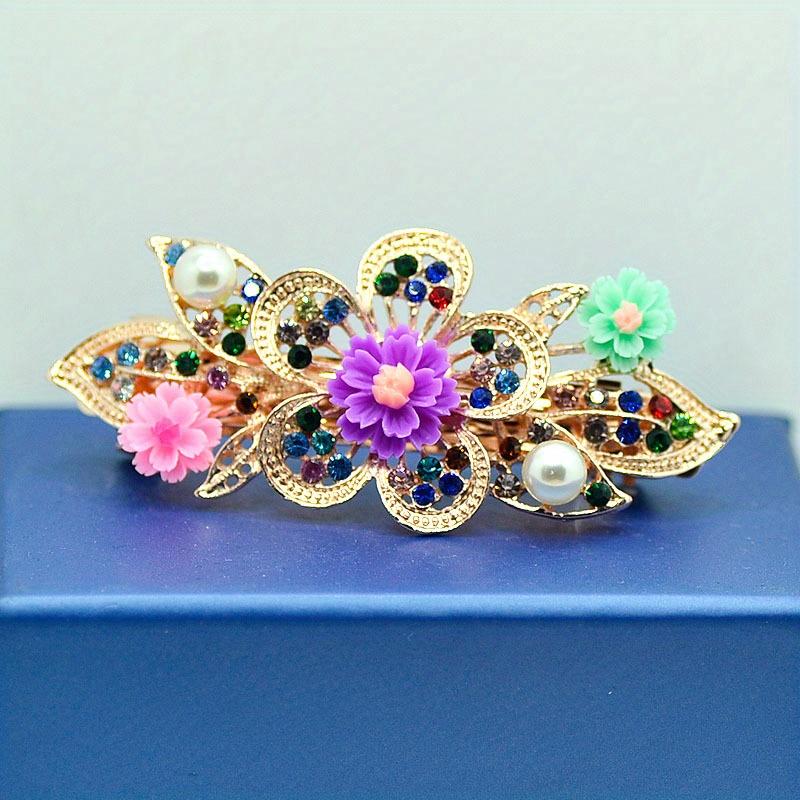 Single Large Large Rhinestone Hair Clip Spring Loaded Rectangular Hairpin with Multicolor Flower Design for Ponytails, Prom, Weddings & Special O