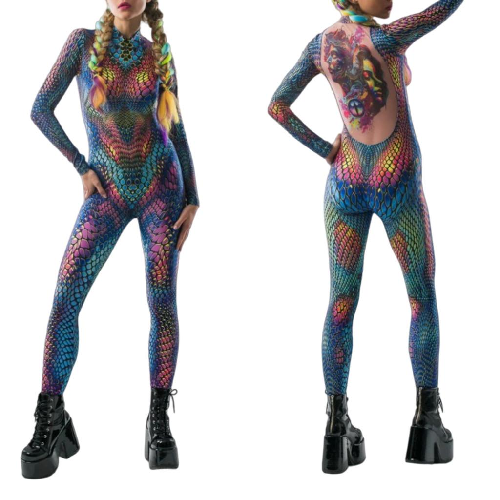 Unisex 3D Digital Colorful Snake Leopard Pattern Animal Printing Outfit Adults Halloween Party Role Play Cosplay Costume Carnival Jumpsuit