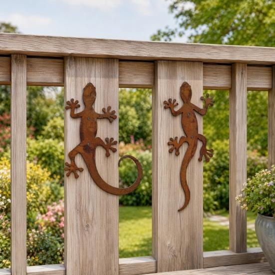 2 Pezzi Rettile Lucertola Rana in Metallo da Parete, Decorazione Murale Rustica in Ferro per Giardino Esterno, Patio e Cortile, Scultura Animale Appesa con Finitura Invecchiata per Giardino