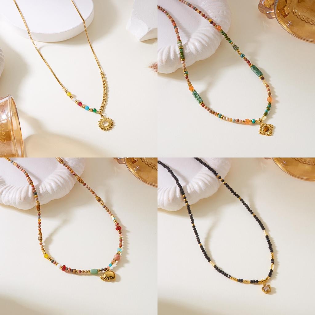 Stainless Steel Sunflower Necklace With Natural Turquoise Beads For Women