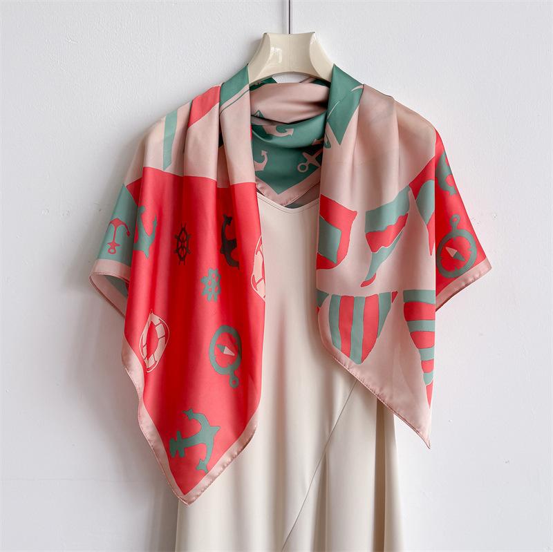 New nautical anchor simulation silk high-end large square scarf silk scarf printed shawl decorative scarf sunscreen headscarf scarf