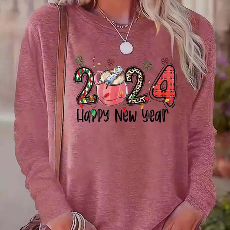 Tops For Women New Year's Snowman Print Round Neck Long Sleeve T-shirt Fall Casual Slim Pullover Women's Long Sleeve Top