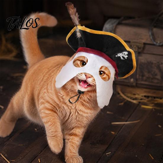 Pet Cosplay Supplies Halloween Pirate Hat, Black Hood with Feather, Funny Cat Photography Props Hat Face Mask for Dogs And Cats Party Costume