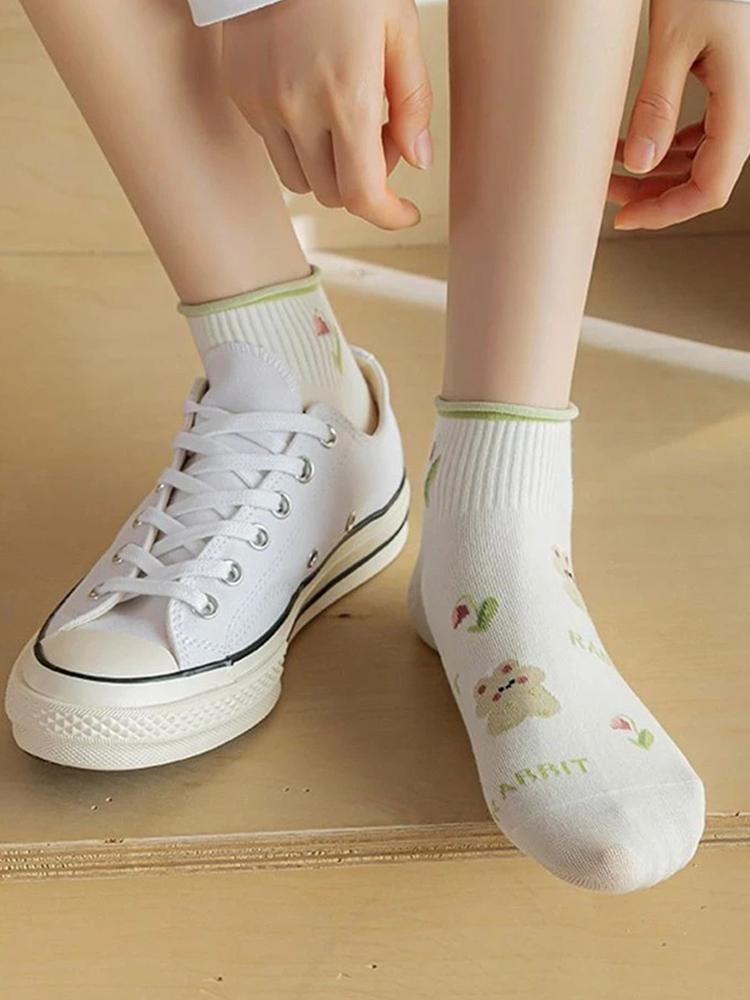 5 Pairs Women Floral Design Short Socks Fashionable Versatile Lace Socks Comfortable Sweat Absorbing Breathable Casual Socks