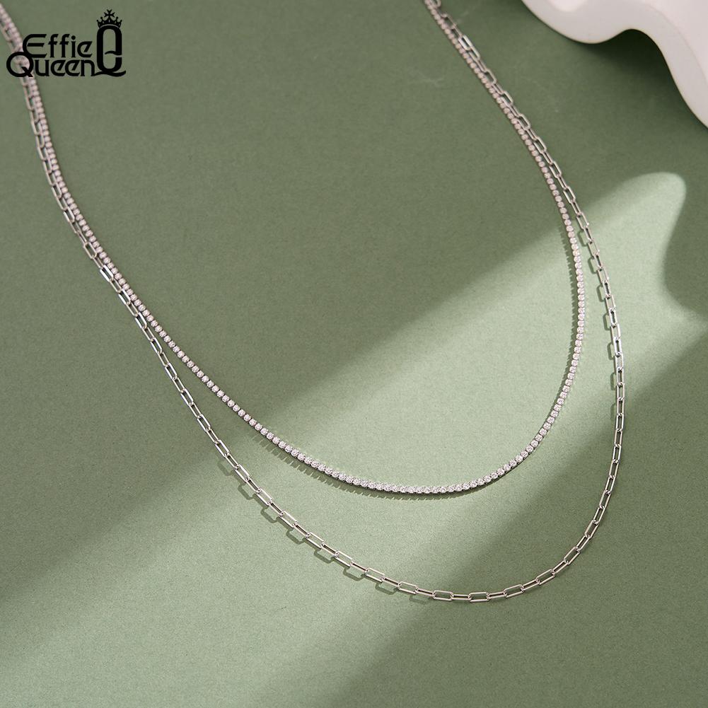 EFFIE QUEEN 925 Sterling Silver Tennis Layered Chain Necklace Simple Paperclip Stacked Chain Choker Trendy Accessories BQN48
