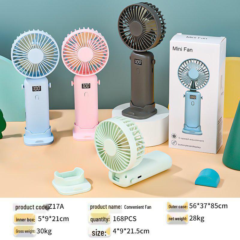 

26-Year Trade: Digital Display Handheld Folding Fan with Base, Desktop or Neck Use, 5-Speed Lithium Battery 5*9*21 cm