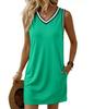 2026 European Retro V-Neck Sleeveless Contrast Piping T-Shirt Dress for Women