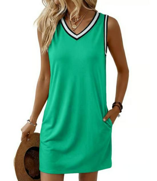 2026 European Retro V-Neck Sleeveless Contrast Piping T-Shirt Dress for Women XL зелёный