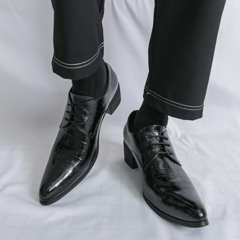 Men's Embossed Pointed Toe Leather Shoes - Height Increasing, Lace-up, Casual & Formal, Spring/Autumn.