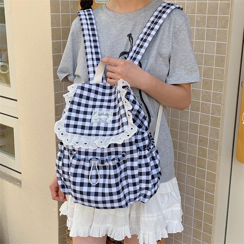 Riesige Kapazität Karierter Spitzen Rucksack Schüler Schultasche