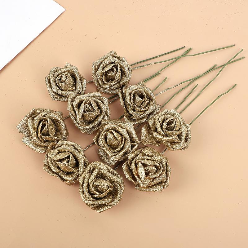 5/10pcs 6cm Glitter Foam Rose Artificial Flower Branch Bridal Bouquet Fake Flower DIY Wreath Craft Wedding Party Home Decor