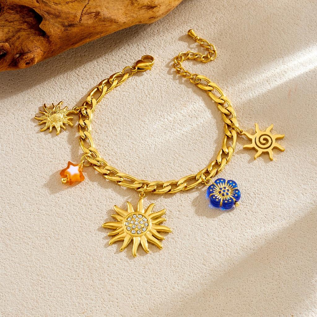 DIEYURO 316L Stainless Steel Golden Sun Inlay Zircon Colored Crystal Flower Pendant Necklace Bracelet Set Lady New Trend Jewelry